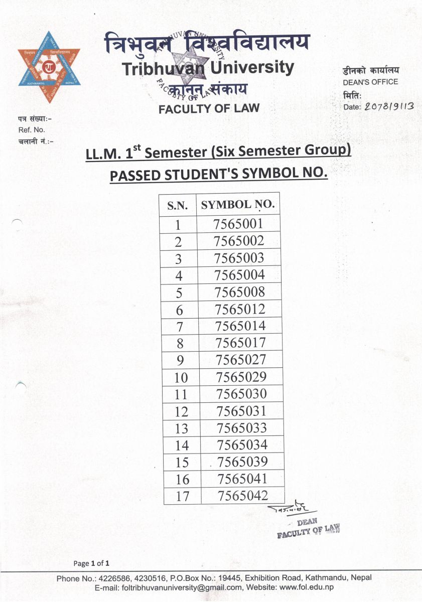 first semester of Master of Law (LLM) exam results