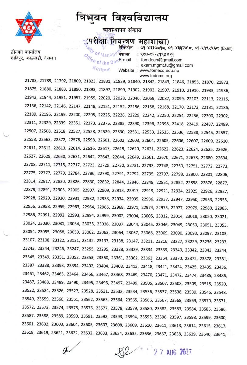 exam result of Bachelor of Business Administration regular exam of 2020