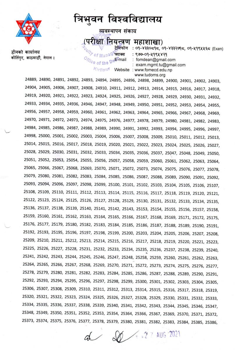 exam result of Bachelor of Business Administration regular exam of 2020