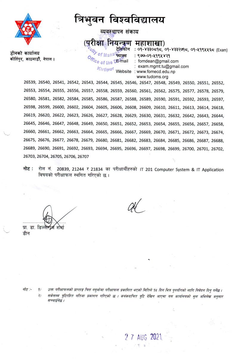 exam result of Bachelor of Business Administration regular exam of 2020