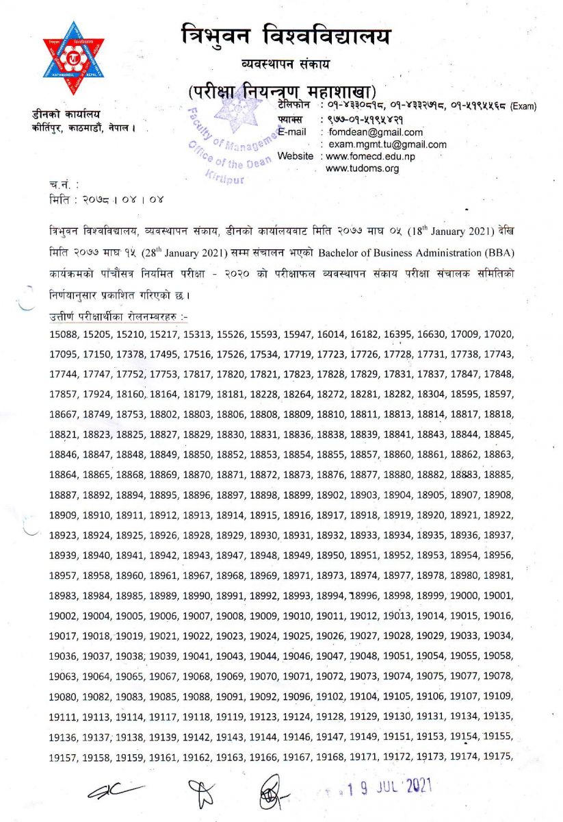 BBA fifth semester exam results of 2021 published by Tribhuvan University