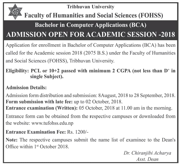 BCA 2018 admission notice TU
