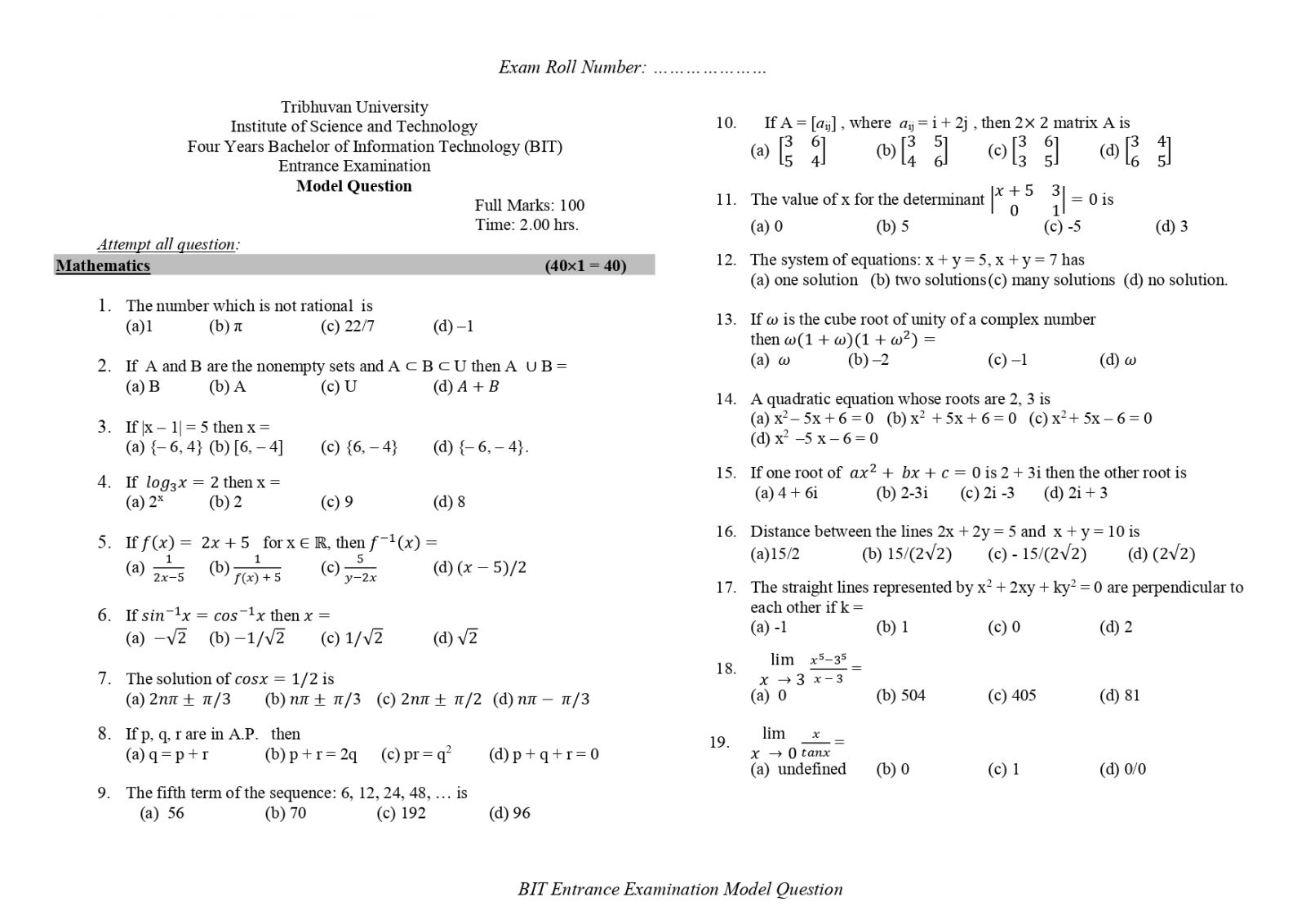 Tribhuvan University publishes model questions for Bachelor of ...